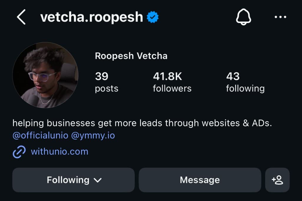 Roopesh Vetcha Instagram profile — helping businesses get more leads through websites and ads